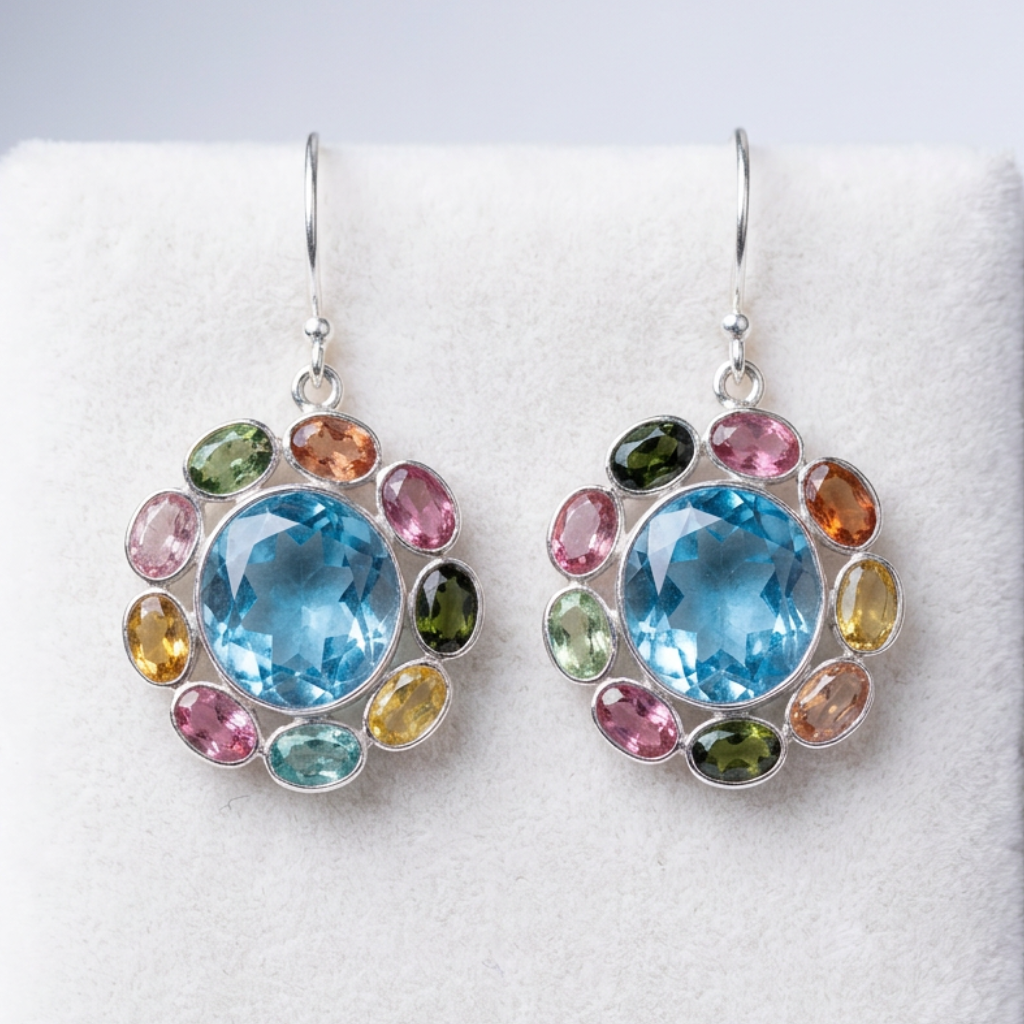 A pair of silver dangle earrings with large round light blue center stones surrounded by a halo of small multicolored oval gemstones, displayed on a white textured surface.