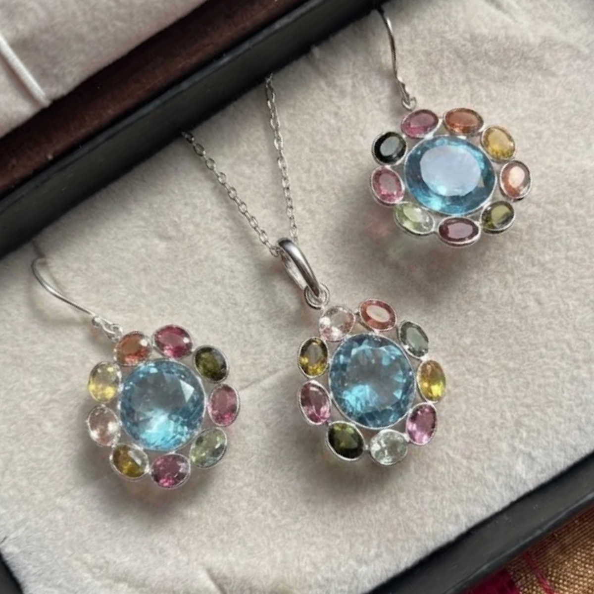 'Jewel Orbit' Blue Topaz and Natural Tourmaline Pendant and Earrings