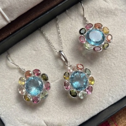 'Jewel Orbit' Blue Topaz and Natural Tourmaline Pendant and Earrings