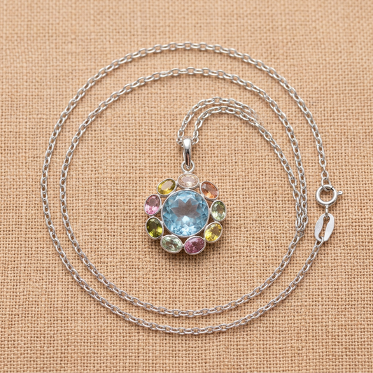 'Jewel Orbit' Blue Topaz and Natural Tourmaline Pendant with Chain