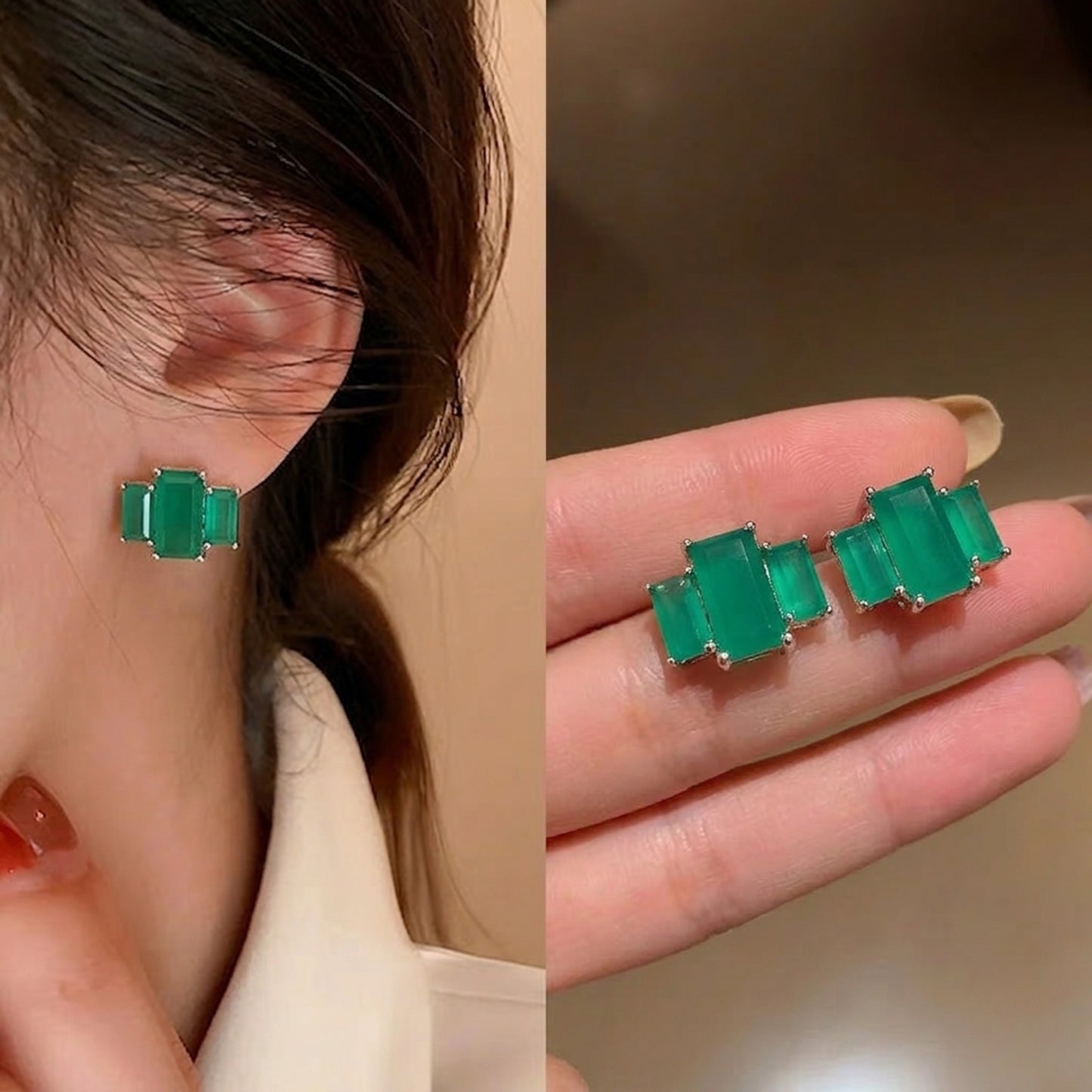 3 Baguette Green Onyx Gemstone studs