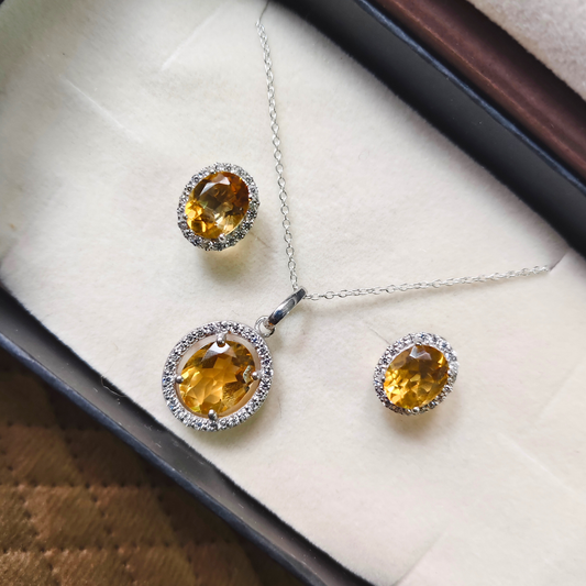 Oval Statement Silver Citrine Pendant And Earring Set