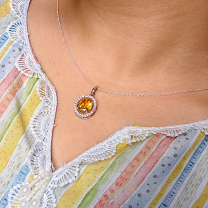 Oval Statement Silver Citrine Pendant And Earring Set