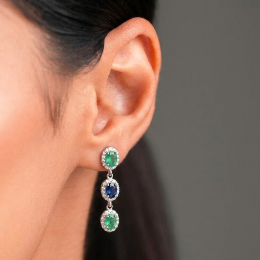 Trinity Glow Natural Sapphire and Emerald Earrings