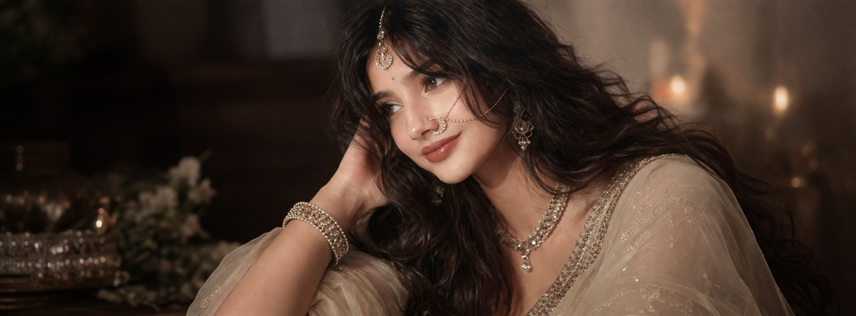 Woman in elegant attire with jewelry in a warm, dimly lit setting